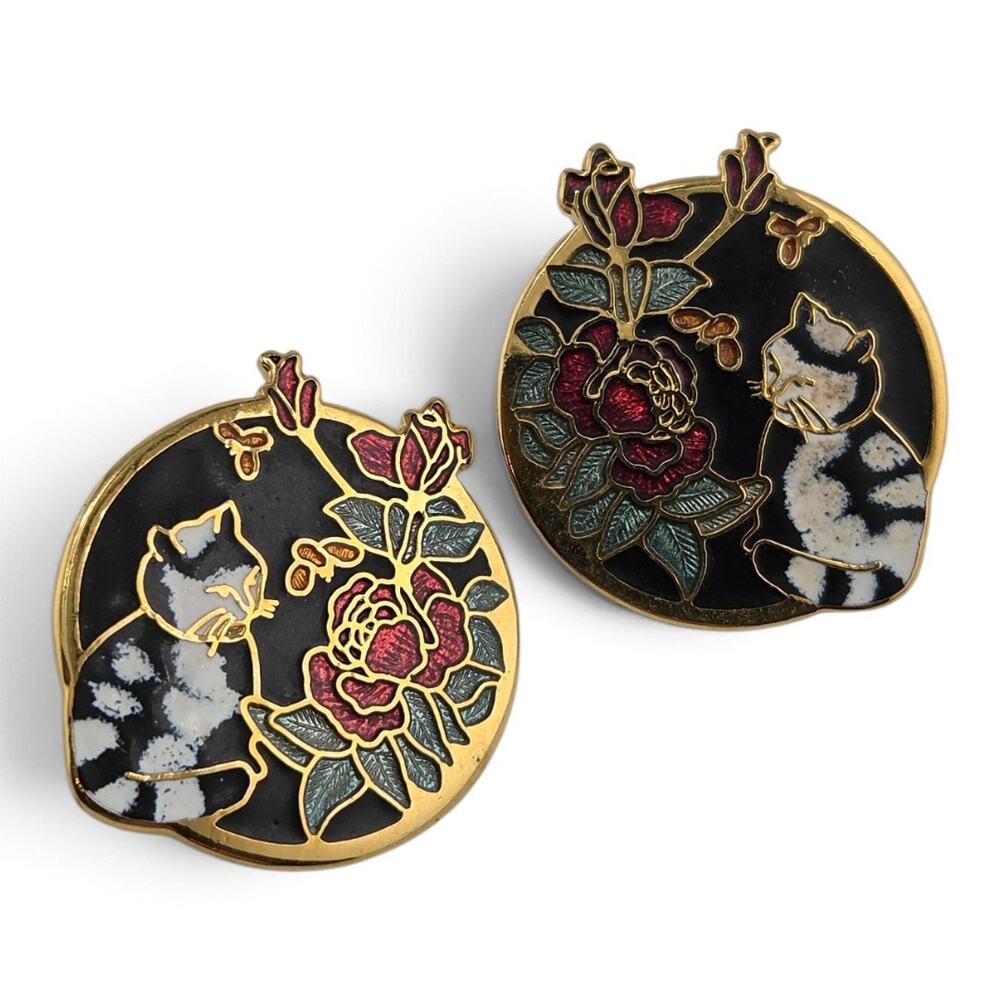 Vintage Enamel Cat Rose Clip On Earrings Gold Tone Floral Butterfly Signed